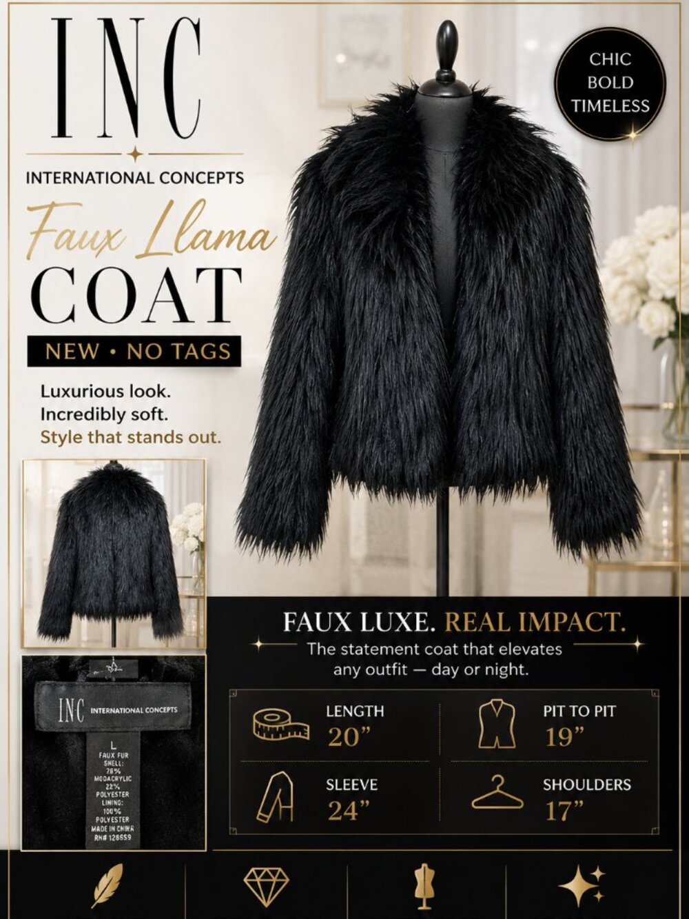 INC International Concepts Black Faux Lama Fur Jacket Women’s L New Without Tag